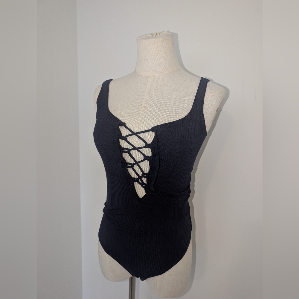 Reformation Navy Lace-Up Bodysuit